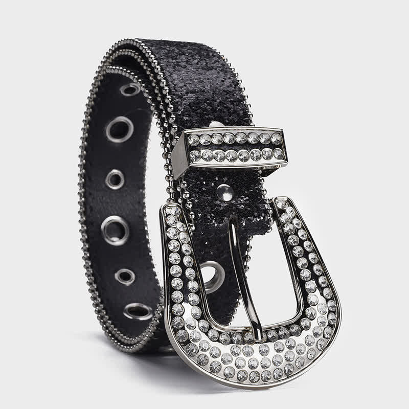 Dazzling Sequin Rhinestone Buckle Leather Belt - Image 3