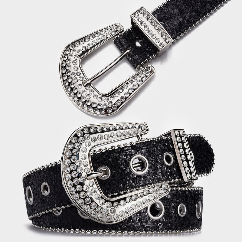 Dazzling Sequin Rhinestone Buckle Leather Belt - Image 4