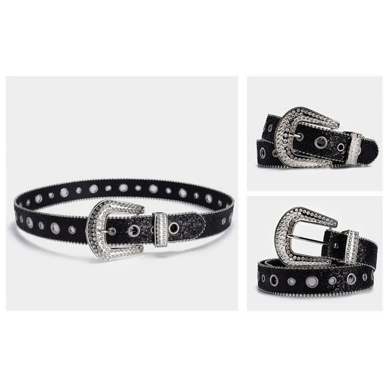Dazzling Sequin Rhinestone Buckle Leather Belt - Image 5