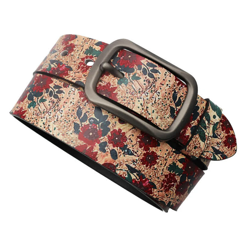 Decorated Red Flower Leaves Printed Leather Belt - Image 3