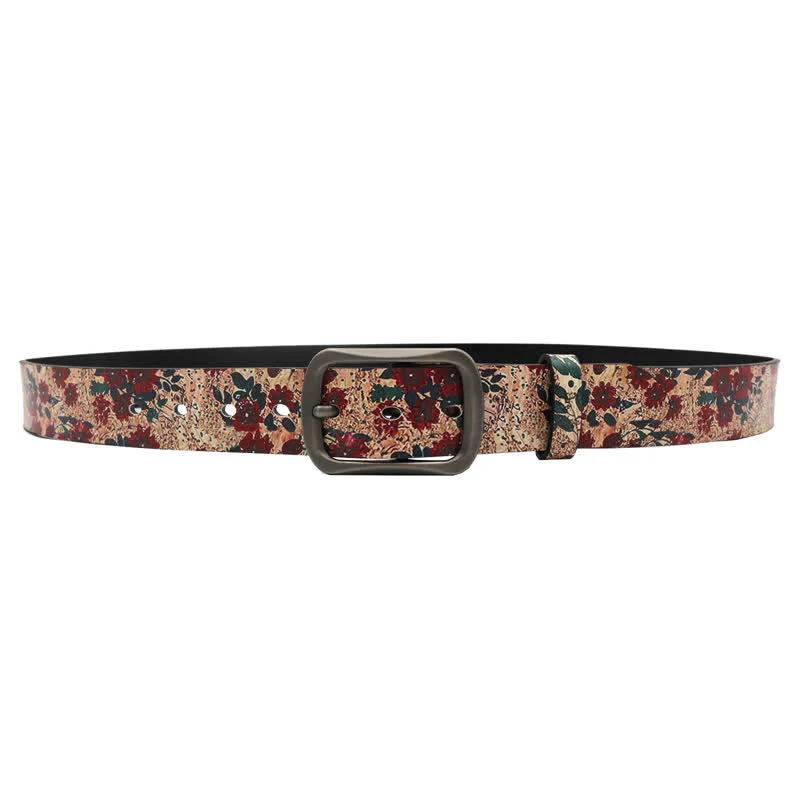 Decorated Red Flower Leaves Printed Leather Belt - Image 5