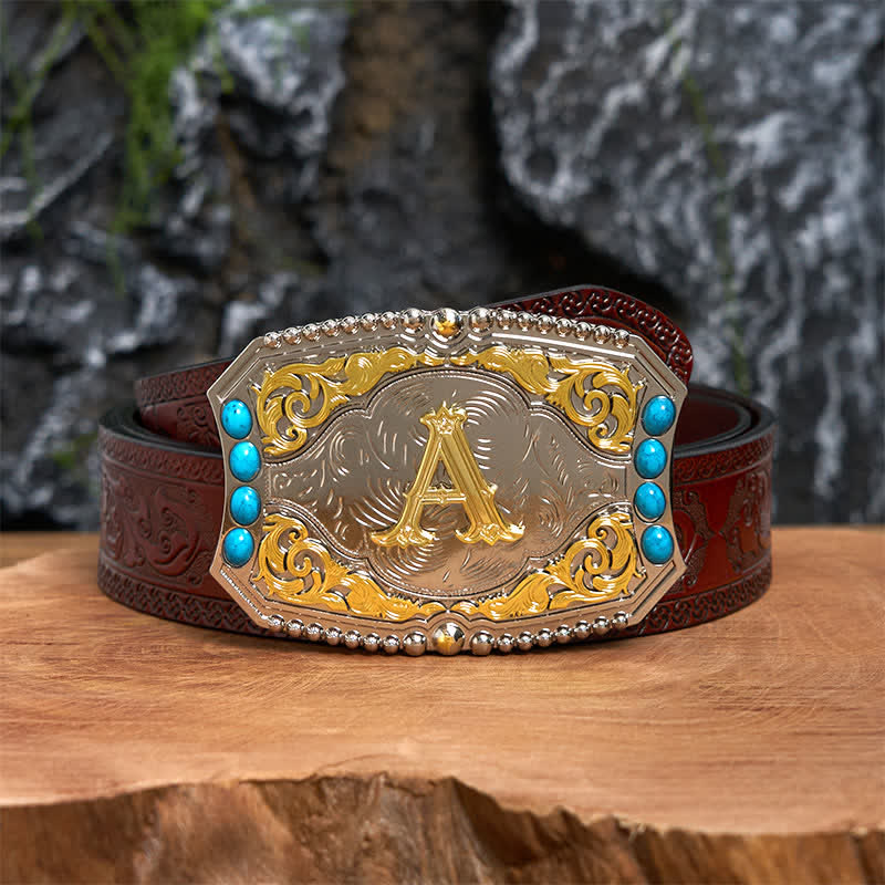 Decorative Turquoise DIY Initial Letter Buckle Leather Belt - Image 4