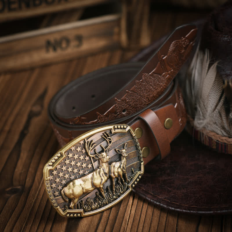 Deer Decoration Flag Background Embossed Pattern Leather Belt - Image 3