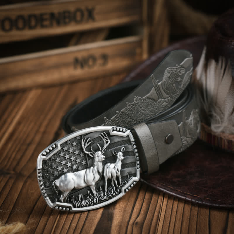Deer Decoration Flag Background Embossed Pattern Leather Belt - Image 4