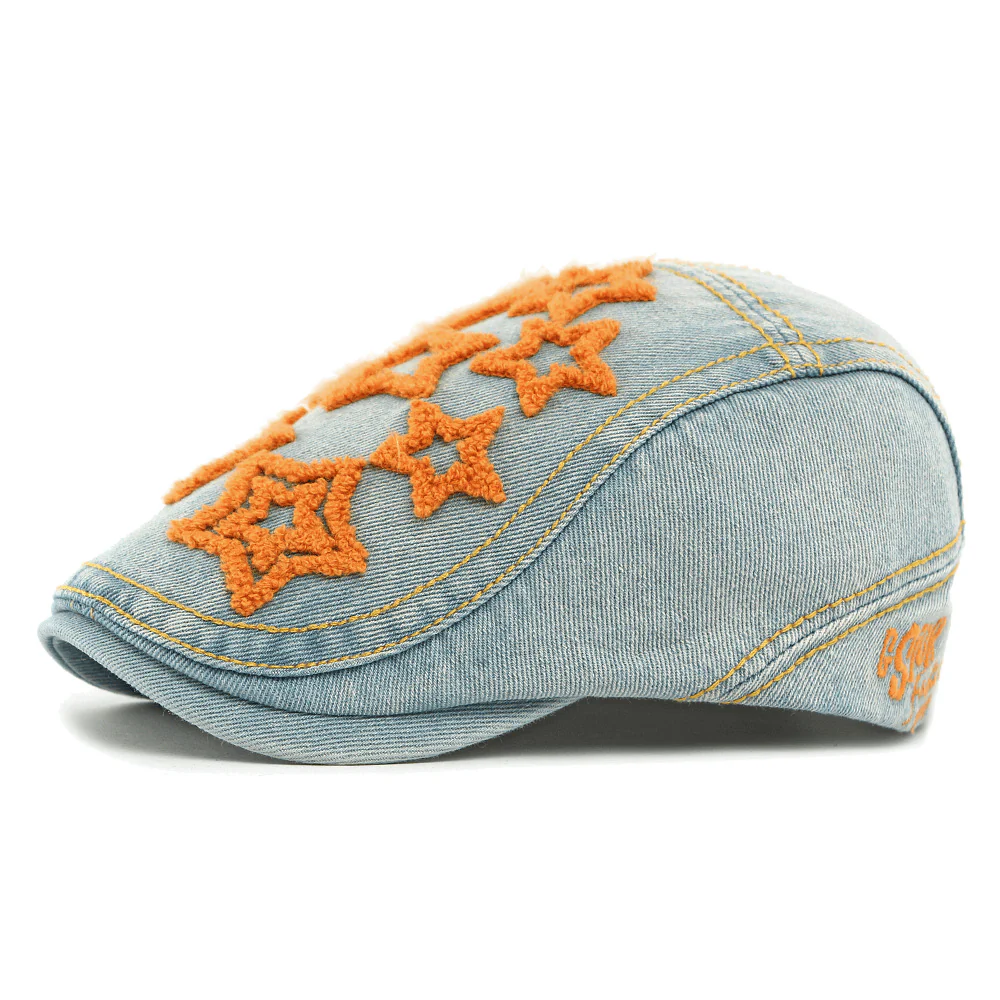 Denim Star Embroidered Men's Beret Hat - Image 9