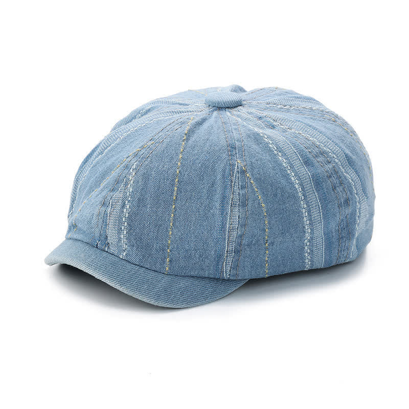 Denim Striped Newsboy Cap Octagonal Beret Hat - Image 11