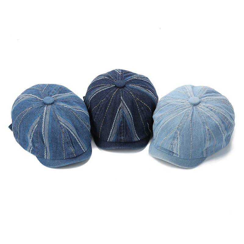 Denim Striped Newsboy Cap Octagonal Beret Hat - Image 2