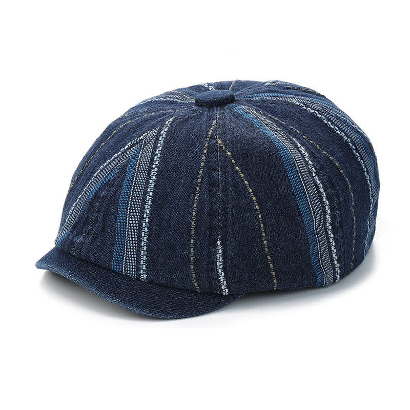 Denim Striped Newsboy Cap Octagonal Beret Hat - Image 3