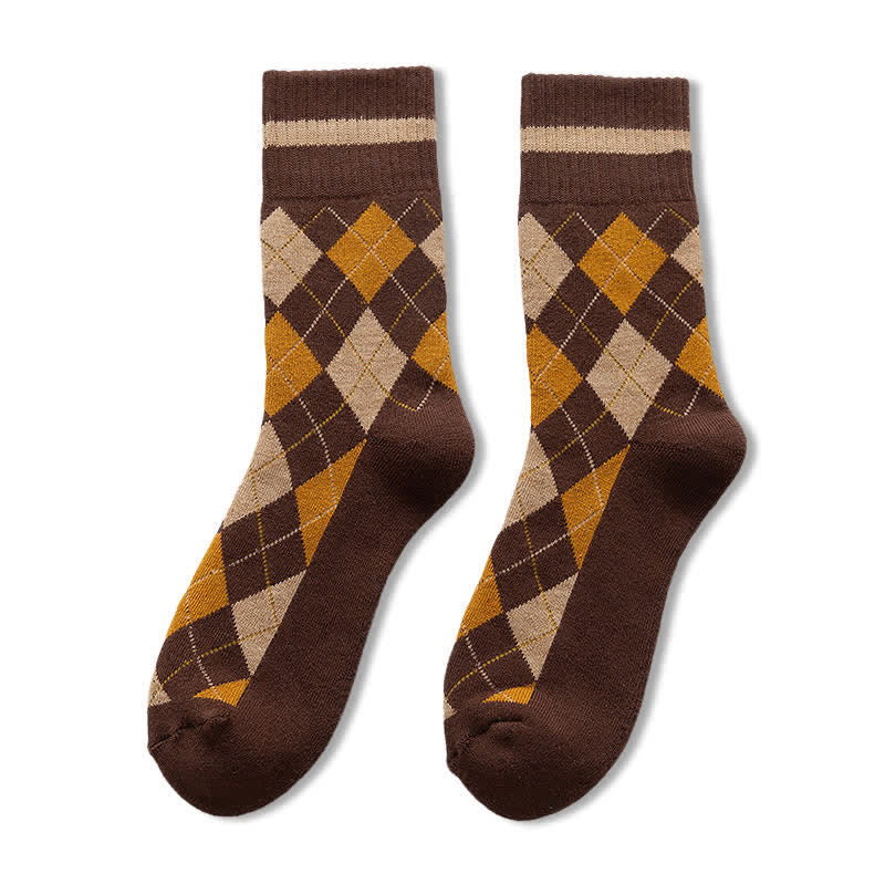 Diamond Checked British Style Cotton Crew Socks - Image 10