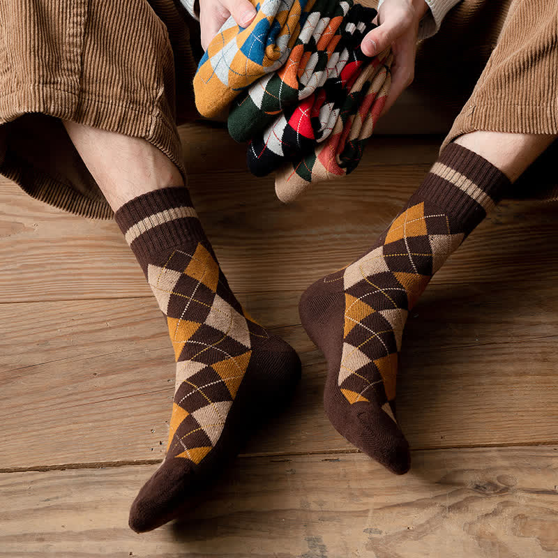 Diamond Checked British Style Cotton Crew Socks - Image 11