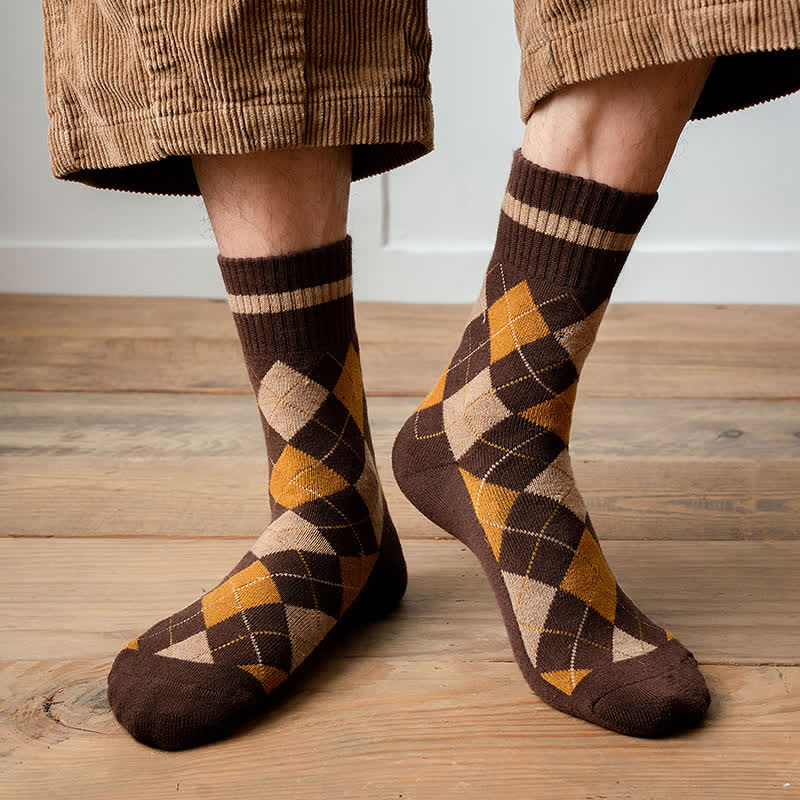 Diamond Checked British Style Cotton Crew Socks - Image 12