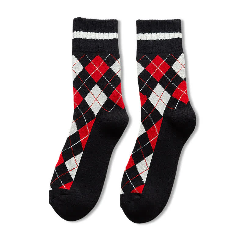 Diamond Checked British Style Cotton Crew Socks - Image 18