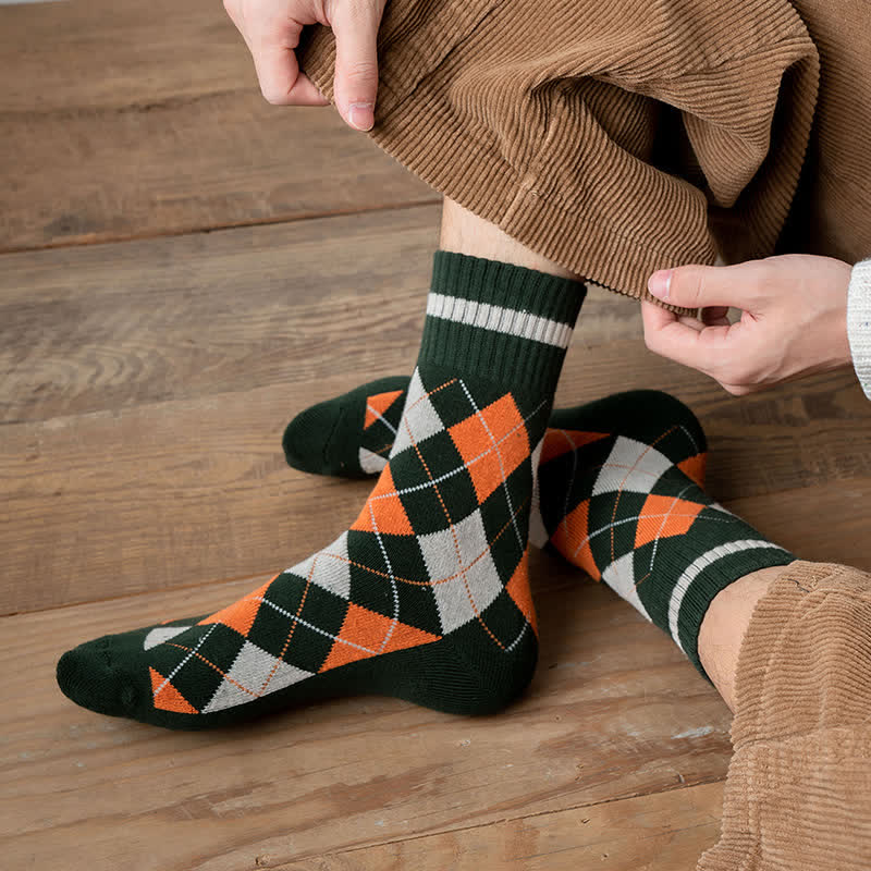 Diamond Checked British Style Cotton Crew Socks - Image 5