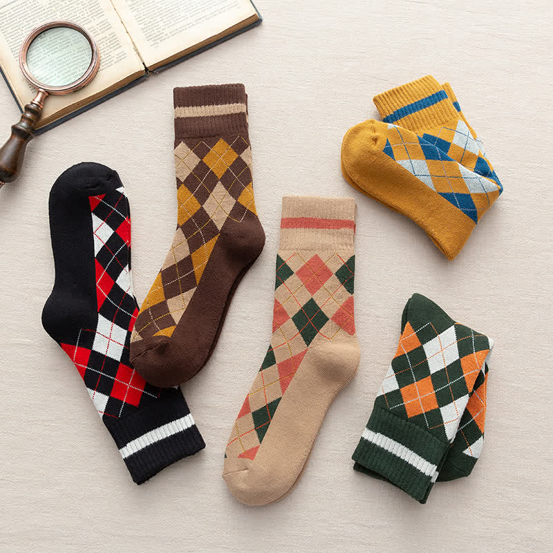 Diamond Checked British Style Cotton Crew Socks - Image 6