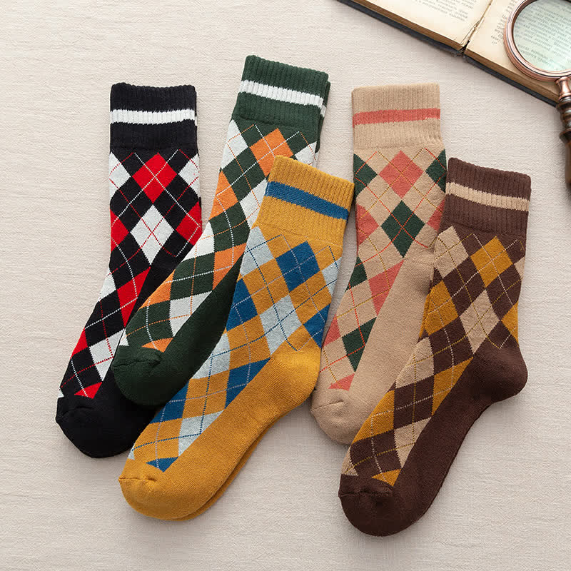Diamond Checked British Style Cotton Crew Socks - Image 7