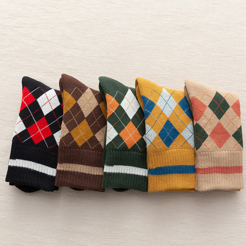 Diamond Checked British Style Cotton Crew Socks - Image 8