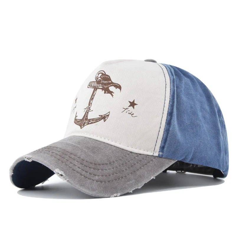 Distressed Two-Tone Anchor Print Frayed Brim Multi Color Baseball Cap - Image 9