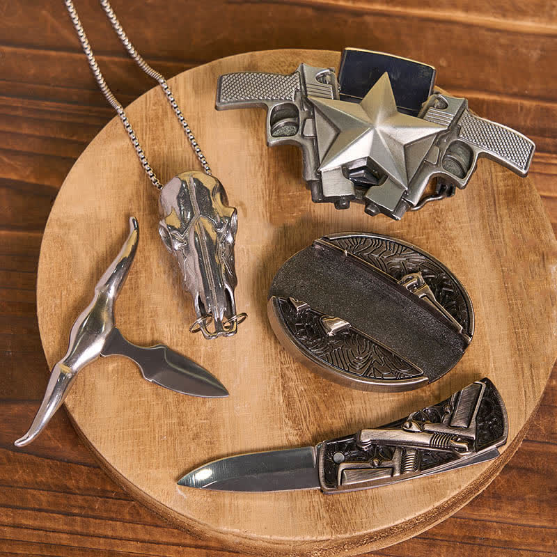 DIY Dual Guns Hidden Knife Belt Buckle Bull Pendant Kerosene Lighter Bundle Set - Image 3