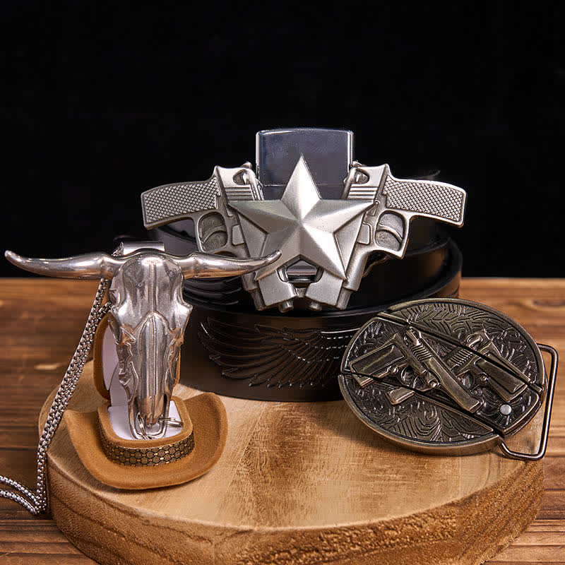DIY Dual Guns Hidden Knife Belt Buckle Bull Pendant Kerosene Lighter Bundle Set - Image 5
