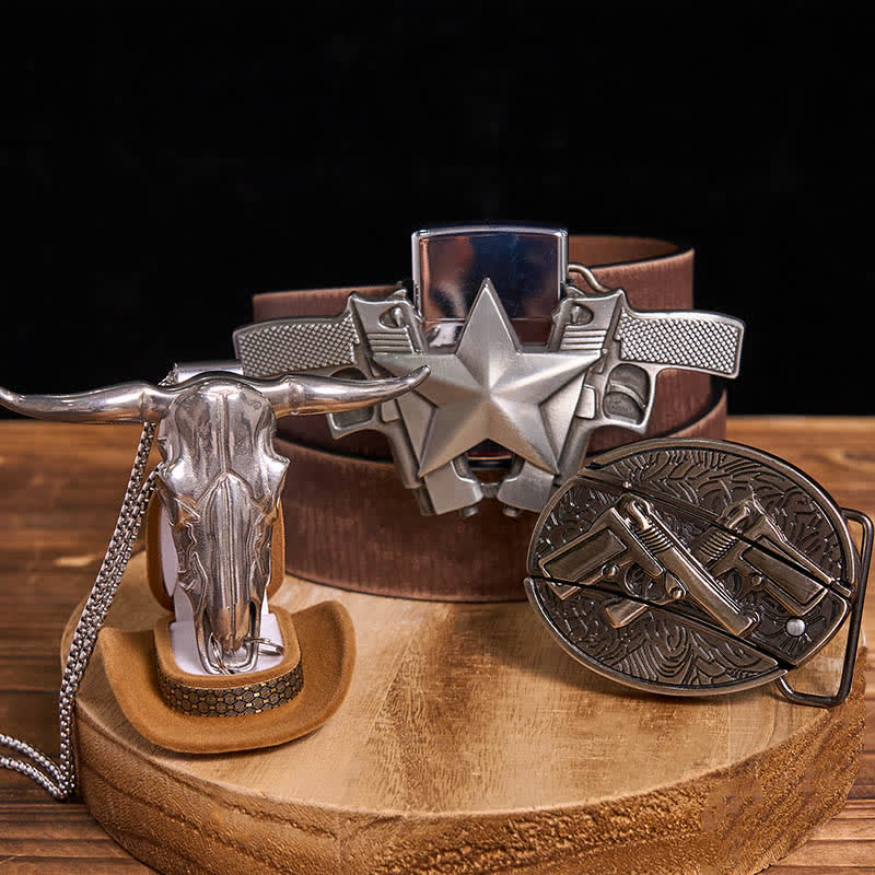 DIY Dual Guns Hidden Knife Belt Buckle Bull Pendant Kerosene Lighter Bundle Set - Image 7