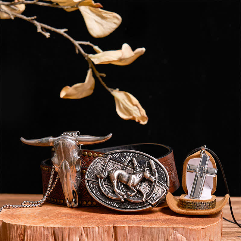 DIY Galloping Horse Hidden Knife Belt Buckle Bull Pendant Cross Necklace Bundle Set - Image 8
