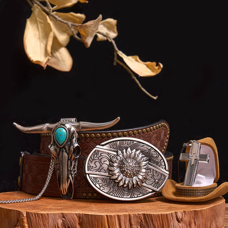 DIY Hidden Knife Belt Buckle Turquoise Bull Pendant Cross Necklace Bundle Set - Image 10
