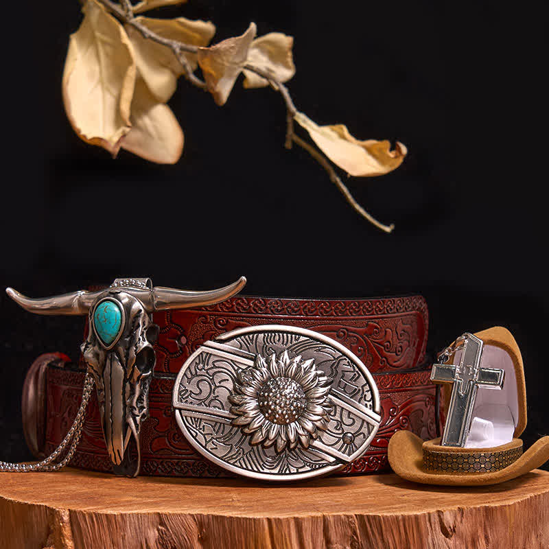 DIY Hidden Knife Belt Buckle Turquoise Bull Pendant Cross Necklace Bundle Set - Image 11