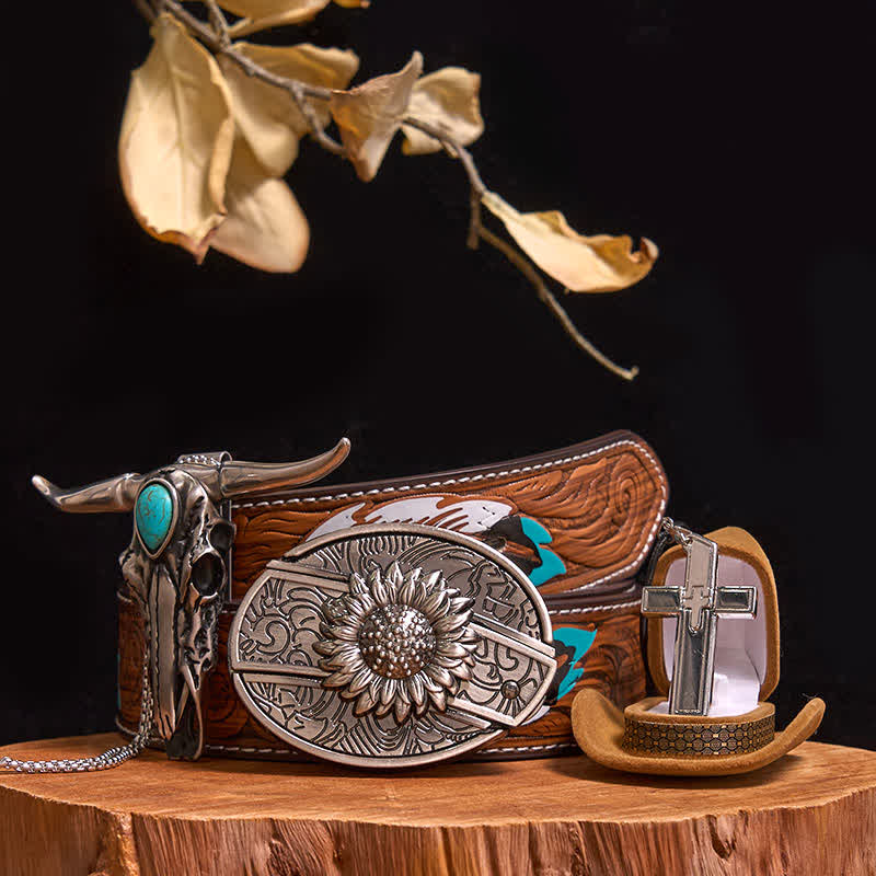 DIY Hidden Knife Belt Buckle Turquoise Bull Pendant Cross Necklace Bundle Set - Image 12