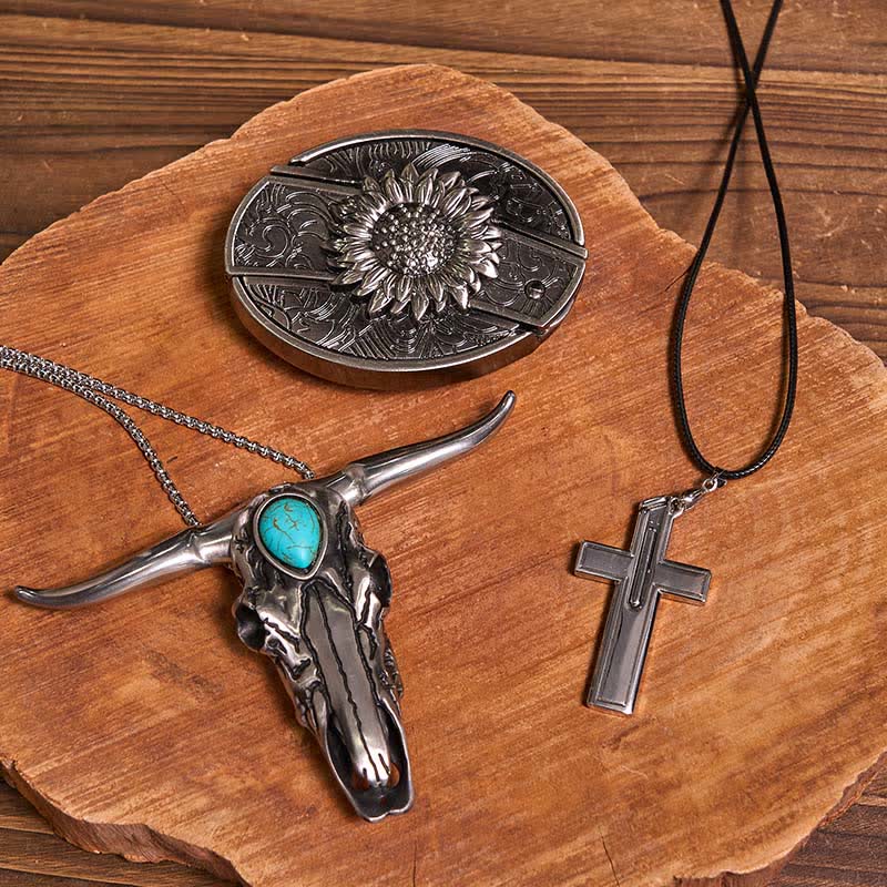 DIY Hidden Knife Belt Buckle Turquoise Bull Pendant Cross Necklace Bundle Set - Image 2