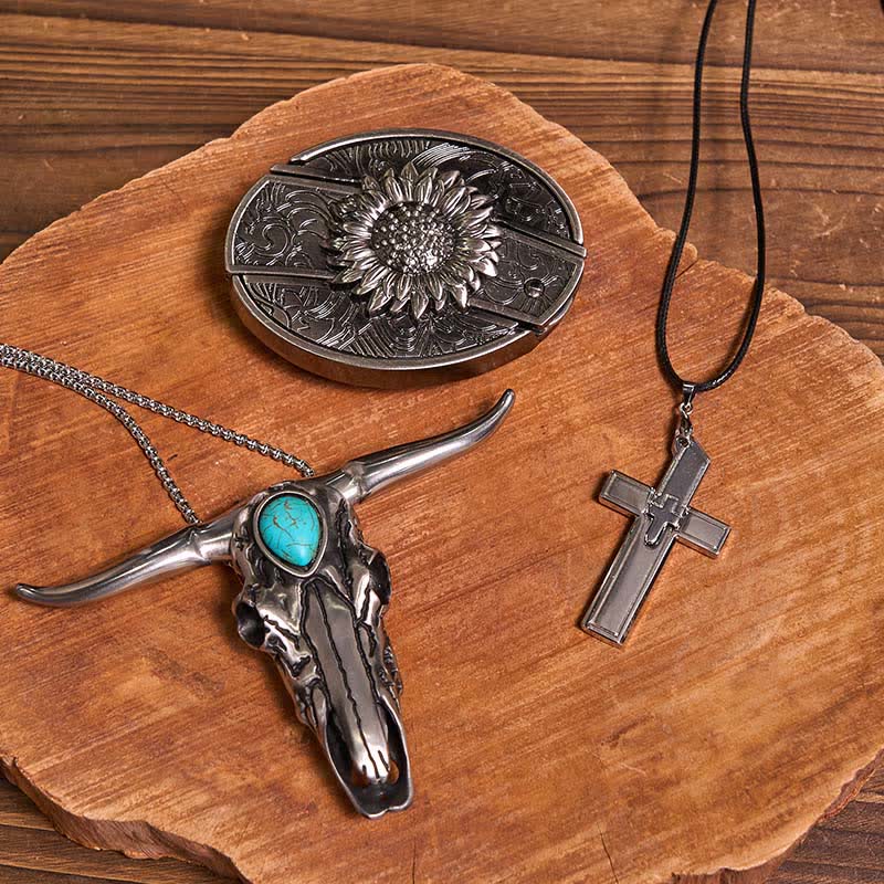 DIY Hidden Knife Belt Buckle Turquoise Bull Pendant Cross Necklace Bundle Set - Image 3