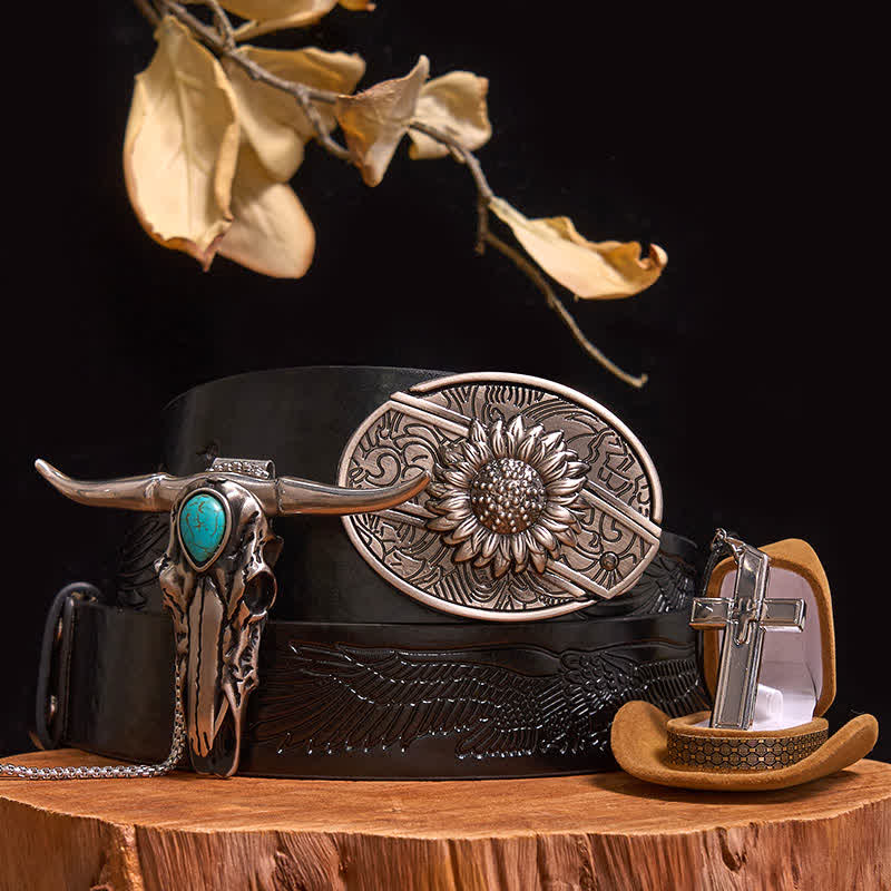 DIY Hidden Knife Belt Buckle Turquoise Bull Pendant Cross Necklace Bundle Set - Image 8