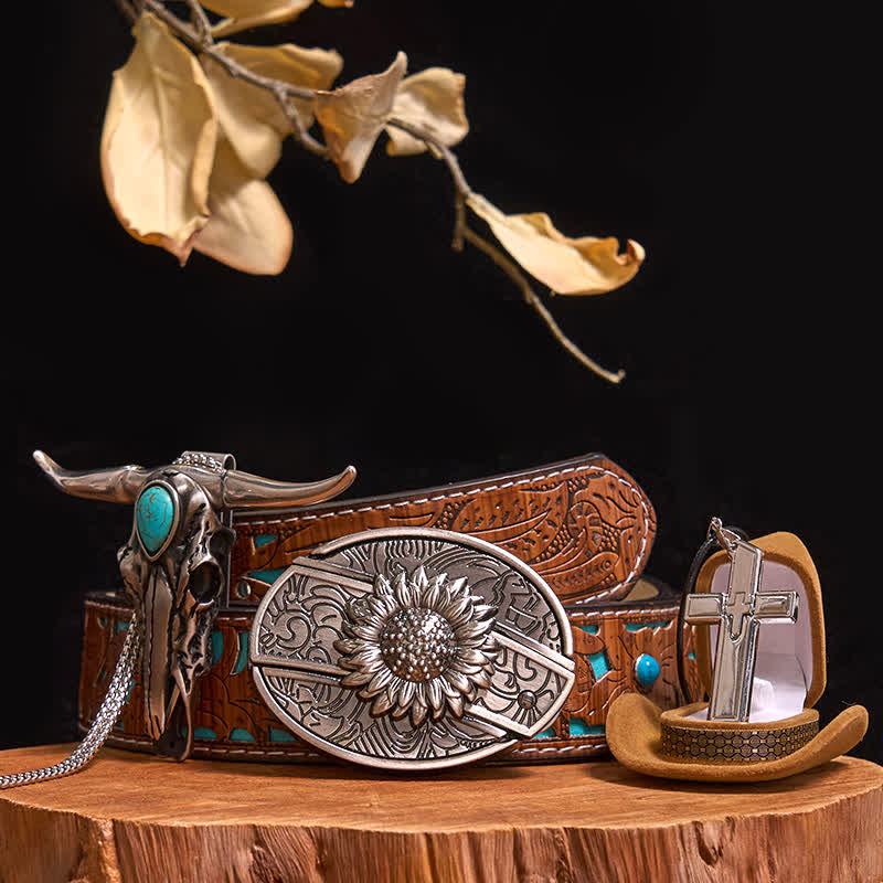 DIY Hidden Knife Belt Buckle Turquoise Bull Pendant Cross Necklace Bundle Set - Image 9