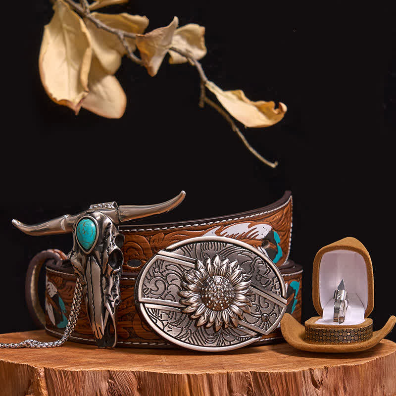 DIY Hidden Knife Belt Buckle Turquoise Bull Pendant Knife Ring Bundle Set - Image 11