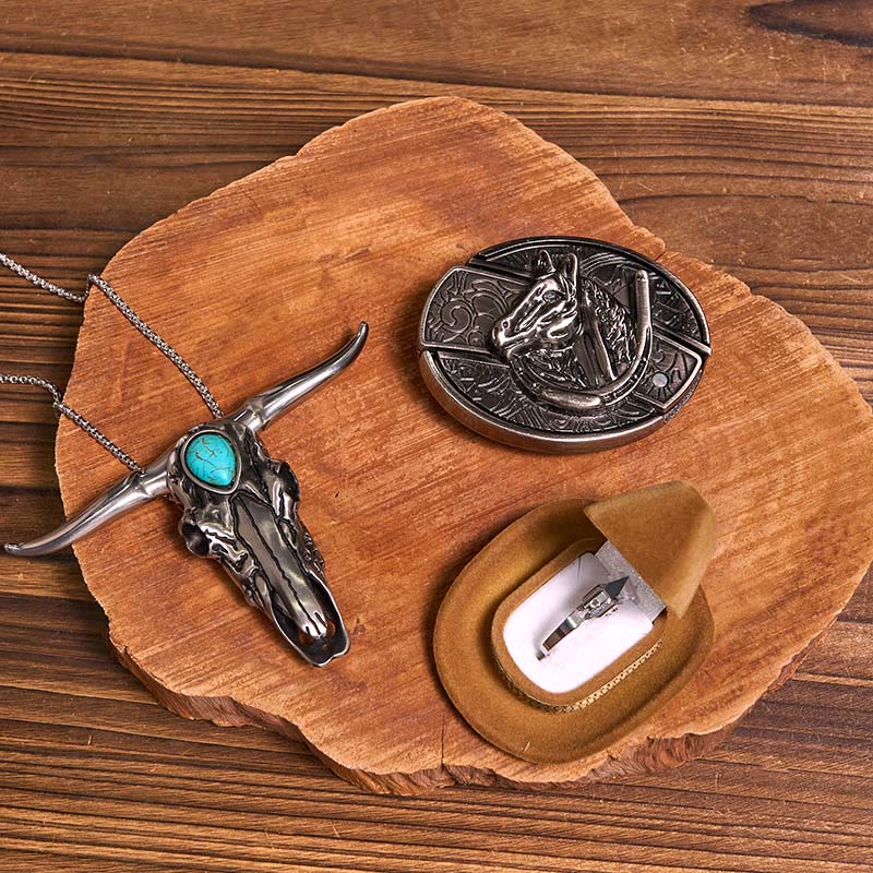 DIY Hidden Knife Belt Buckle Turquoise Bull Pendant Knife Ring Bundle Set - Image 12