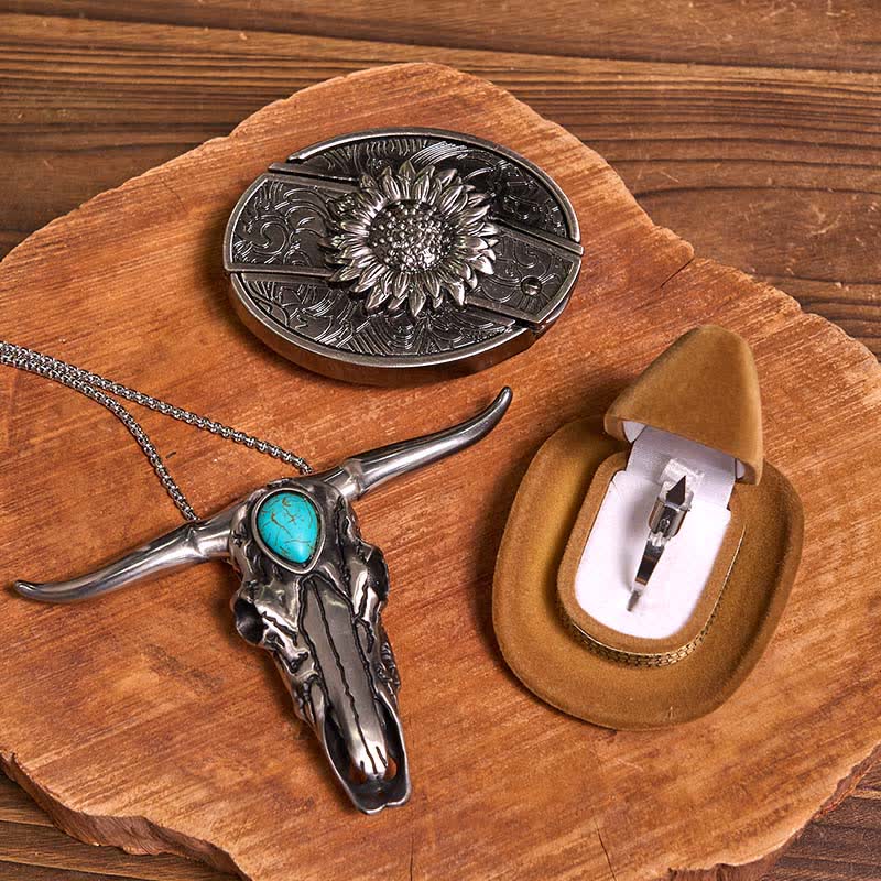 DIY Hidden Knife Belt Buckle Turquoise Bull Pendant Knife Ring Bundle Set - Image 2