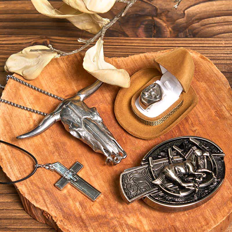 DIY Horse Hidden Knife Belt Buckle Cross Necklace Bull Pendant Ring Bundle Set - Image 2