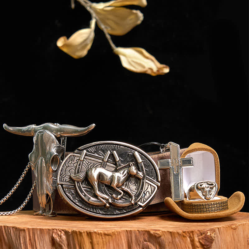 DIY Horse Hidden Knife Belt Buckle Cross Necklace Bull Pendant Ring Bundle Set - Image 8