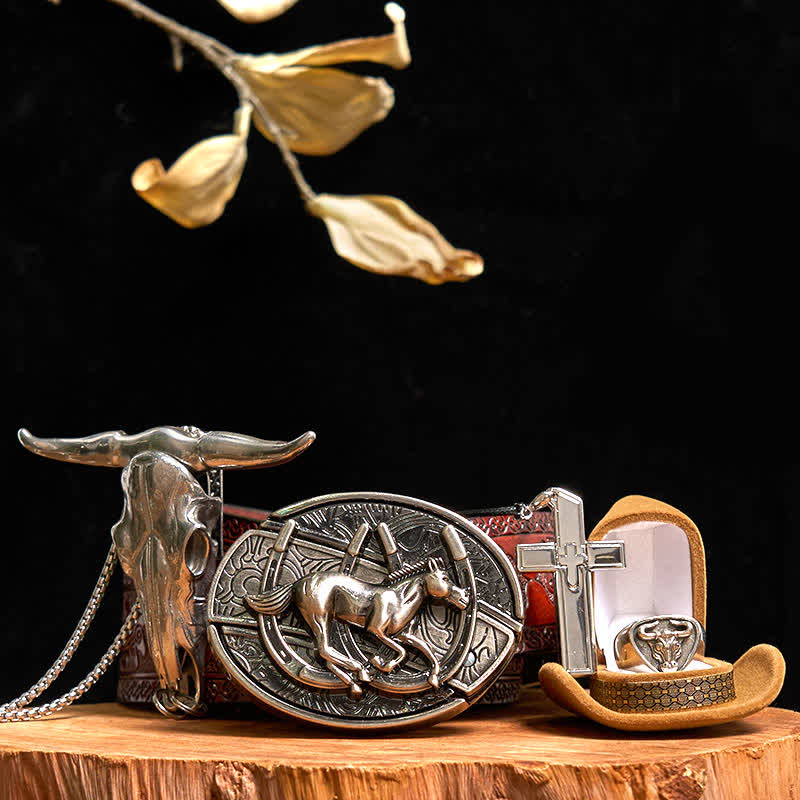 DIY Horse Hidden Knife Belt Buckle Cross Necklace Bull Pendant Ring Bundle Set - Image 9