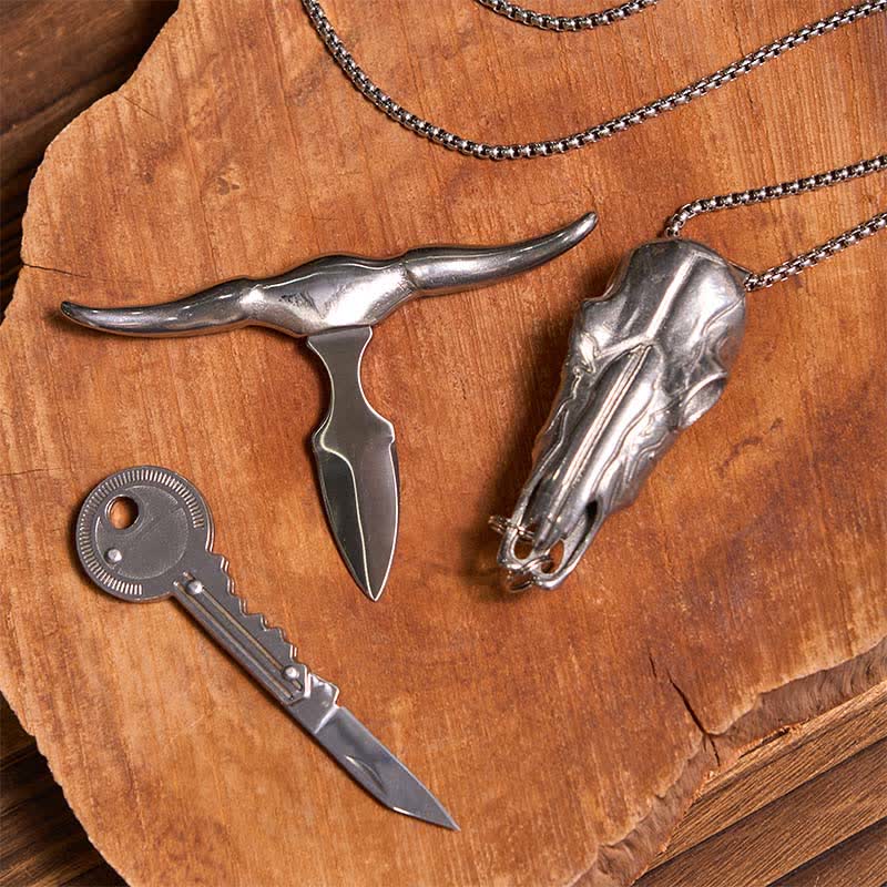 DIY Longhorn Bull Pendant Hidden Knife Key-Shaped Keychain Bundle Set - Image 3