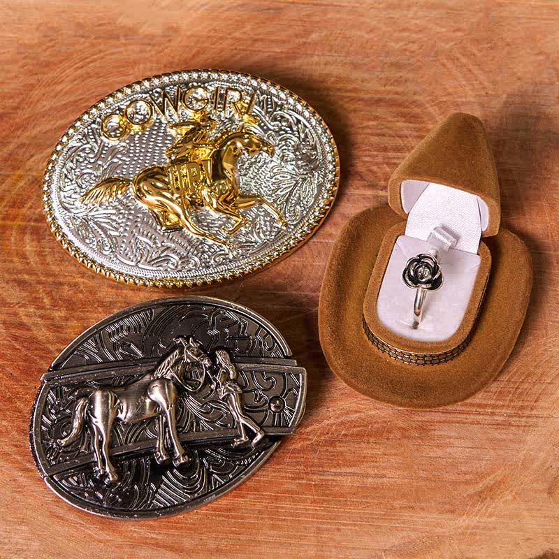 DIY Western Cowgirl Hidden Knife Belt Buckle Twist Rose Ring Bundle Set - Image 2