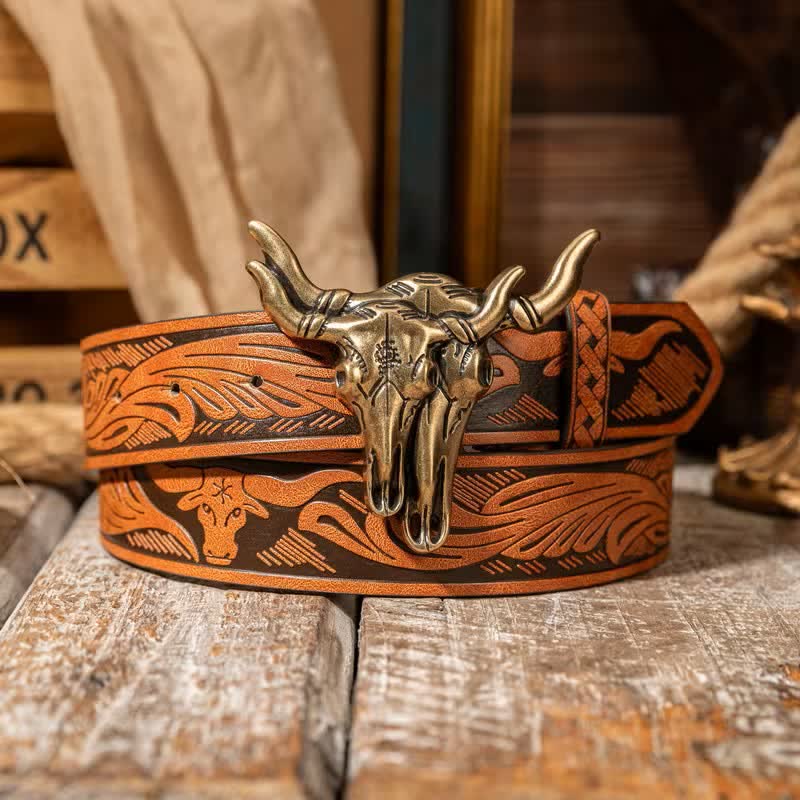 Double Bull Heads Western Embossed Leather Belt
