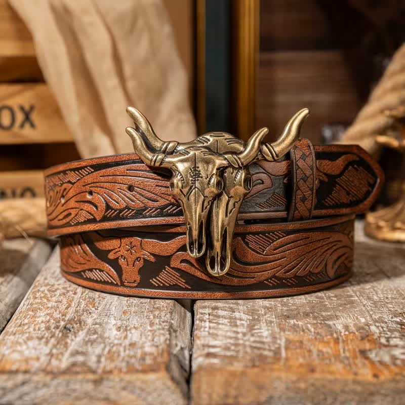 Double Bull Heads Western Embossed Leather Belt - Image 8