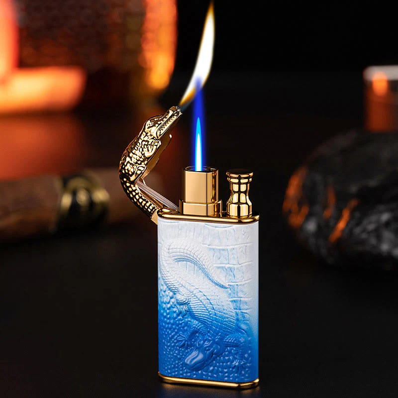Double Flame Embossed Alligator Head Refillable Butane Lighter - Image 12