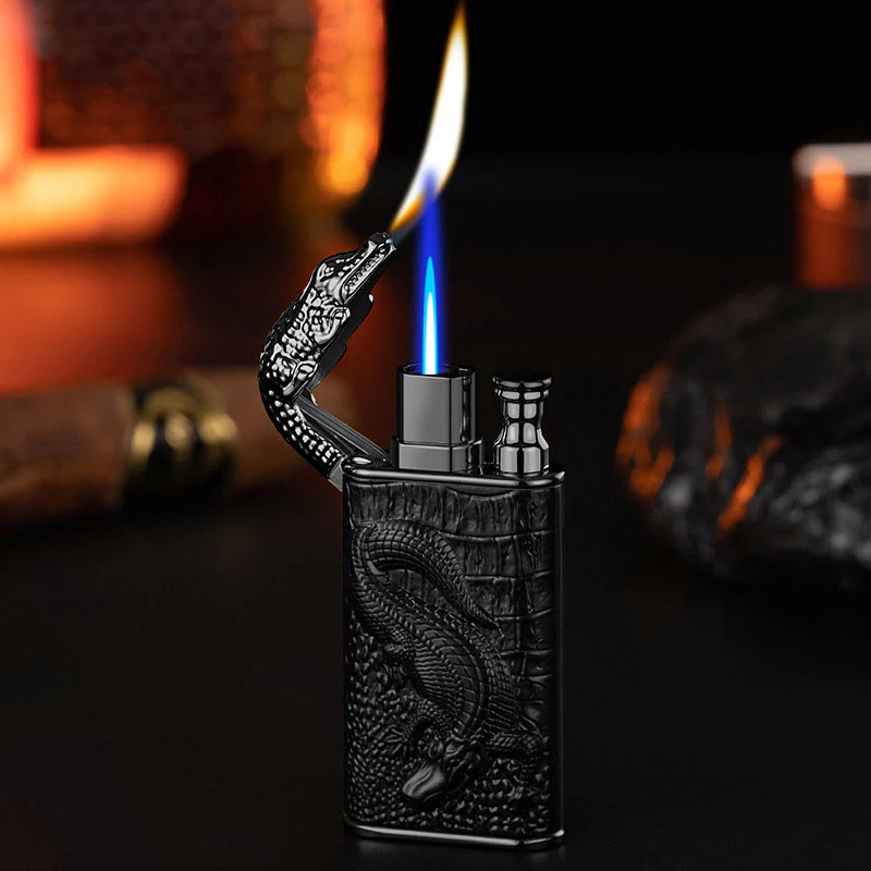 Double Flame Embossed Alligator Head Refillable Butane Lighter - Image 16