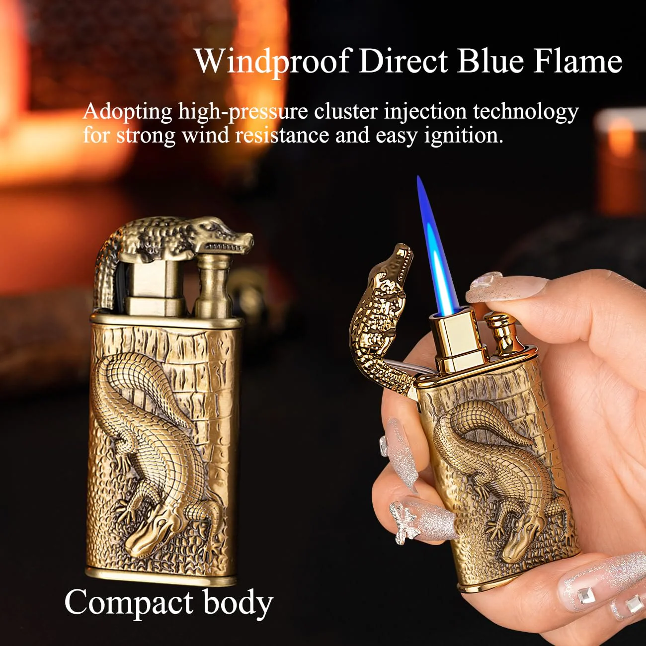 Double Flame Embossed Alligator Head Refillable Butane Lighter - Image 3