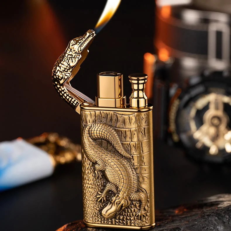 Double Flame Embossed Alligator Head Refillable Butane Lighter - Image 6