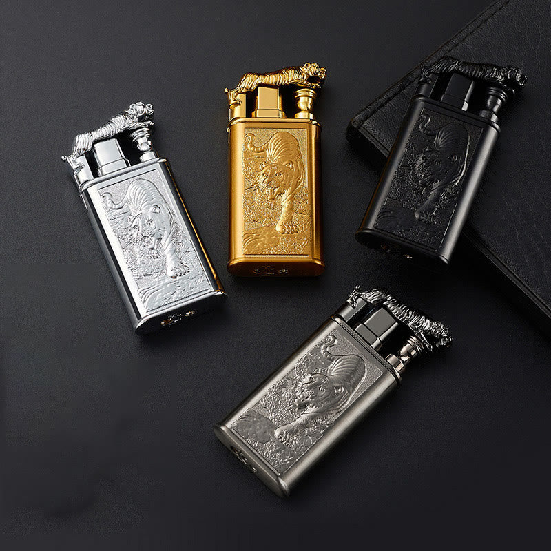 Double Flame Embossed Fierce Tiger Refillable Butane Lighter - Image 2