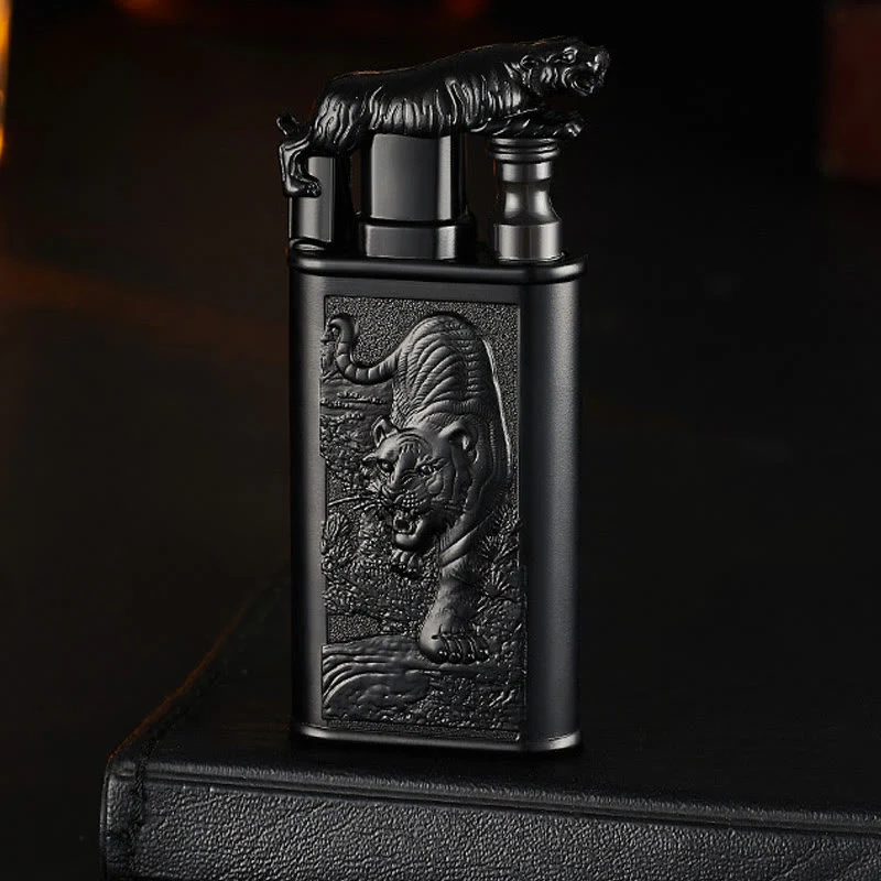 Double Flame Embossed Fierce Tiger Refillable Butane Lighter - Image 3