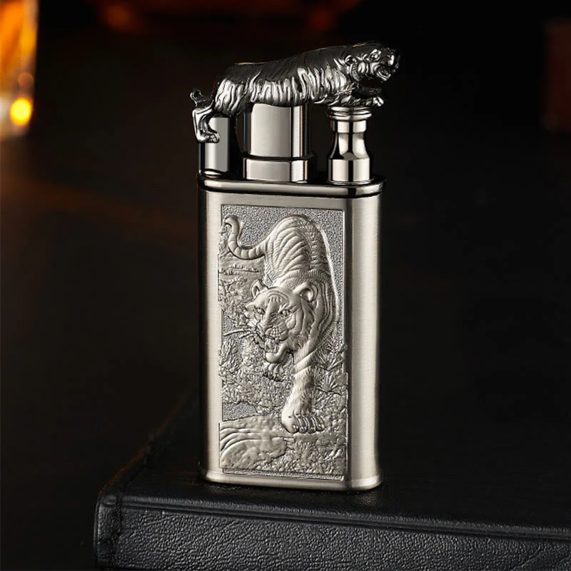Double Flame Embossed Fierce Tiger Refillable Butane Lighter - Image 5