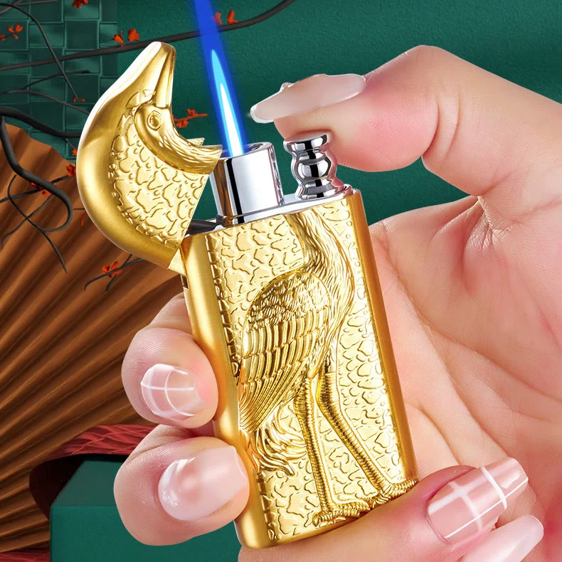 Double Flame Embossed Grus Japonensis Refillable Butane Lighter - Image 2